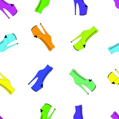 Colorful pole dance shoes on a white background. Vector illustration of exotic dancing platform. High heels pattern. Stripper shoes. Seamless pattern.