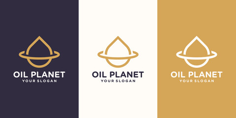 Water drop logo design combined with a planetary ring. oil olive planet. set of logo and business card design © gemilang