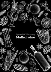 Mulled wine, winter hot drink. Hand drawn sketch. Vector illustration. Christmas invitation design template. Sketch collection. Christmas bar menu. Mulled wine and tea.