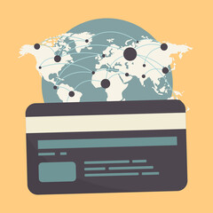 The global payment system. Bank card, cash and non-cash payments. The financial system and security. Flat vector illustration.