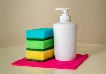 Cleaning products shampoo and washcloths on red wipes for dusting. The cleaner will create hygiene...