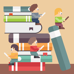 Flat vector illustration of people sitting on the big books and reading for self education. E-learning concept illustration of young people using laptop for distance studying and education.