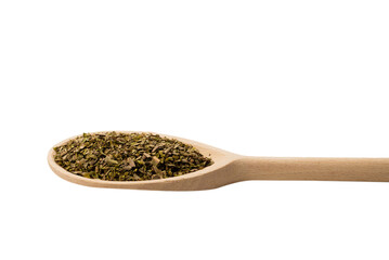 Oregano spice in wooden spoon isolated.