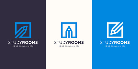 Study Room Logo designs Template. pencil combined with square line art style.