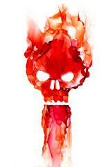 Skull in fire on white backround. Art painting background alcohol ink technique