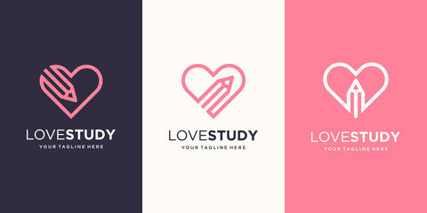 love study Logo designs Template. pencil combined with heart line art style.