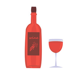 set: a bottle of red wine and a glass on a thin stem. alcoholic products. elegant tableware. restaurant menu, set for a romantic or festive evening. icons. wine for the holiday. vector