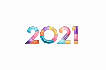 Creative Christmas background, inscription 2021 with multicolored numbers on a light background. Happy new year concept, Year of the bull, copy space. 3D illustration, 3D render.