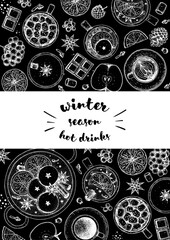 Hot drinks. Mulled wine, winter hot drink. Hand drawn sketch. Vector illustration. Christmas invitation design template. Sketch collection. Christmas bar menu. Mulled wine, coffee and tea.