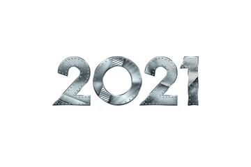 Design 2021, new year flyer lettering 2021 with metal numbers isolated on white background. Concept for new year banner, website header, modern typography. 3D illustration, 3D render.