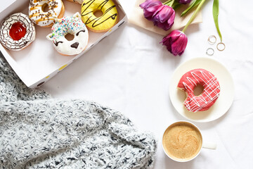 Flat lay donuts box and coffee