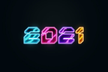 Creative christmas background, multicolored neon inscription 2021 on dark background. Happy new year concept, Year of the bull, copy space. 3D illustration, 3D render.