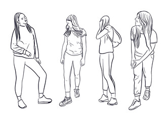 Outline sketch of girls walk collection in full growth in profile and turn back. Sport woman doodle concept. Vector illustration