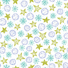 Seamless pattern with snowballs, stars and snowflakes. Christmas package design. Hand drawn vector illustration. Doodle pattern.