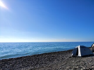 sea, pebble beach, tent