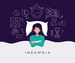 Young woman suffers from insomnia cause of mental problems, insomniac ideas. Girl lying in bed, thinking about deadline, upset event, can not relax. Character vector illustration in flat cartoon style - 379212468