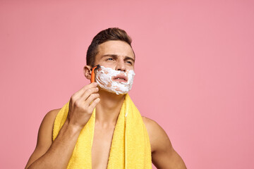 Nationality razor street and white foam pure skin pink background Copy Space