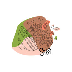 Buckwheat noodles in bowl with shrimps. Concept of asian fastfood, wok cooked, cafe emblem, spice vegetarian. isolated on white background with abstract shapes. Vector design.