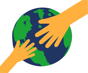 An adult's hand and a child's hand on the background of the planet Earth. Cartoon. Vector illustration.
