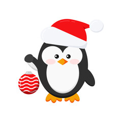 Cute winter penguin boy with christmas ball isolated on white background. Black emperor penguin in Santa Claus red hat holds glass christmas ball. Flat design xmas holiday vector illustration.