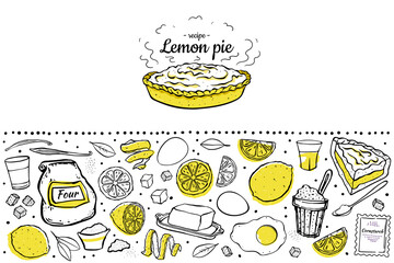 fresh open lemon pie recipe ingredients isolated on white background. Black outline.