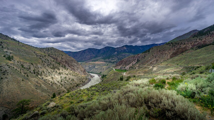 Fototapeta na wymiar Bad weather hanging over th e Fraser Canyon and Highway 99 near Lillooet in British Columbia, Canada
