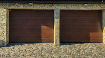 Modern garage door. Large automatic up and over garage door. Close- up photo.