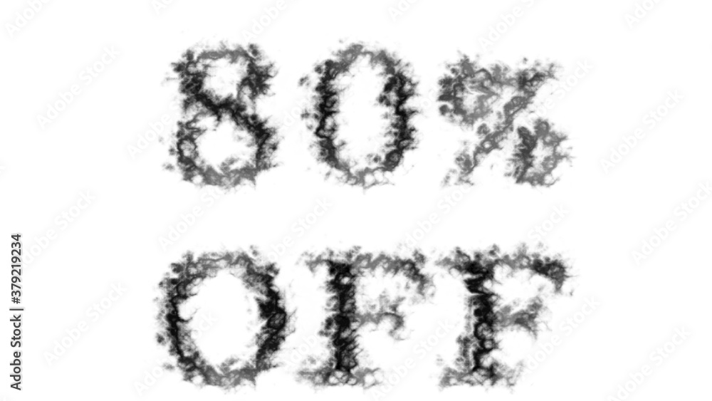 Poster 80% off smoke text effect white isolated background. animated text effect with high visual impact. l