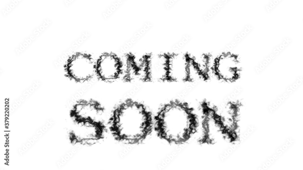 Poster coming soon smoke text effect white isolated background. animated text effect with high visual impac