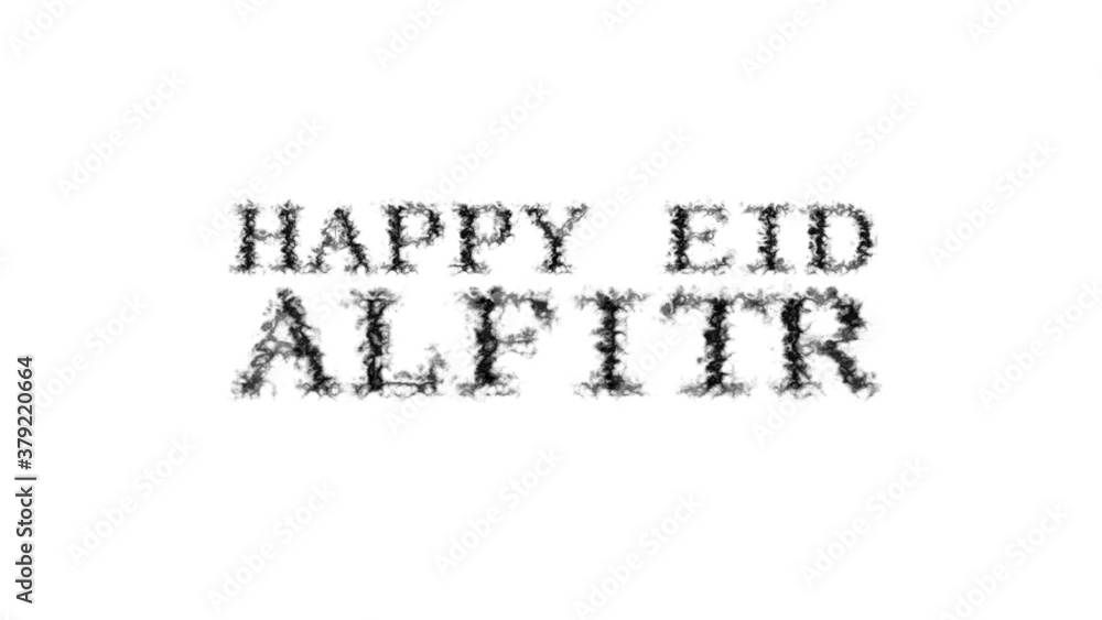 Poster happy eid alfitr smoke text effect white isolated background. animated text effect with high visual 