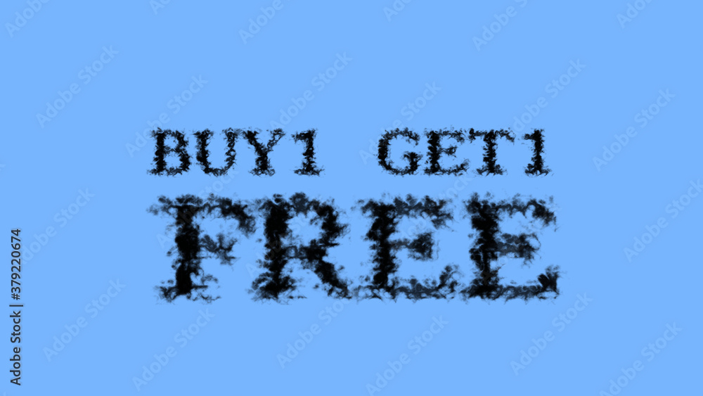 Poster buy1 get1 free smoke text effect sky isolated background. animated text effect with high visual impa
