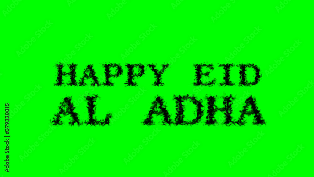 Poster happy eid al adha smoke text effect green isolated background. animated text effect with high visual