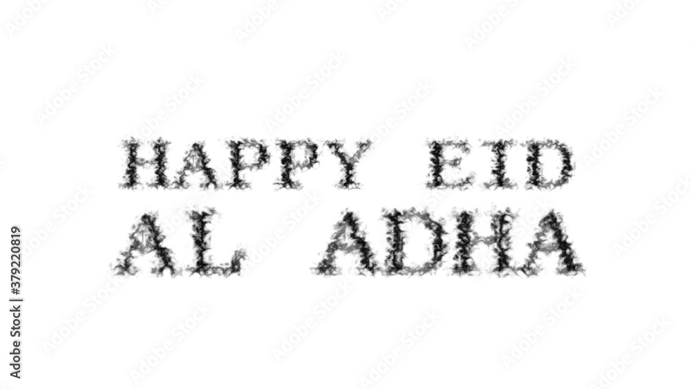 Poster happy eid al adha smoke text effect white isolated background. animated text effect with high visual