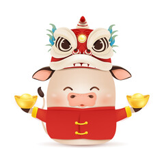 Happy Chinese New Year 2021. Cartoon Little Ox character design with dragon dance head, traditional Chinese red costume, holding chinese gold ingot isolated. The year of the bull. Zodiac of the ox