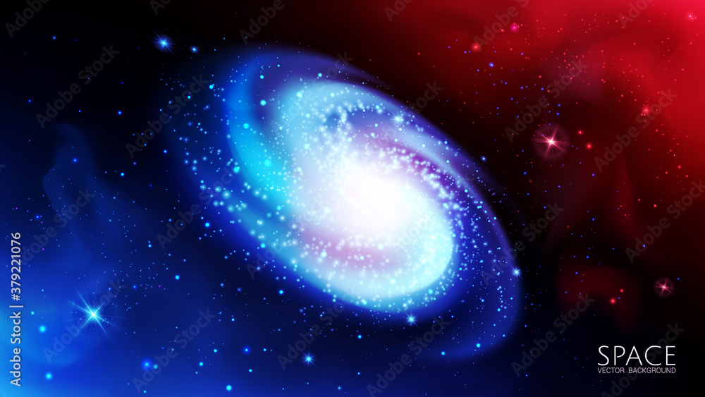 Poster blue spiral galaxy on the background of cosmic nebulae. futuristic vector image of an endless univer