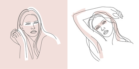 Female portrait. Woman's face. Design templates in minimal linear style, for beauty spa, haircut salon and cosmetics. Vector illustration
