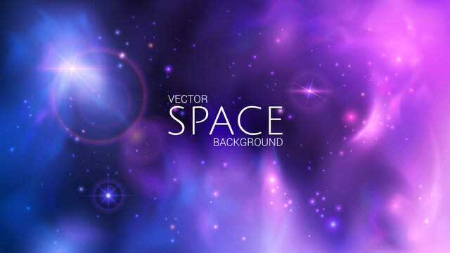 Futuristic vector image of outer space. Blue and purple blurred abstract background with reаlistic nebulae, shining stars and distant planets. Infinity of the universe. Mysterious galaxies. .