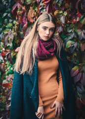 Beautiful young woman in autumn clothes on a background of leaves.