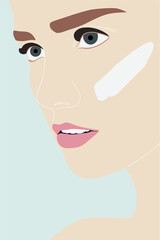 Close up portrait of beautiful young woman applying face cream. Vector illustration.