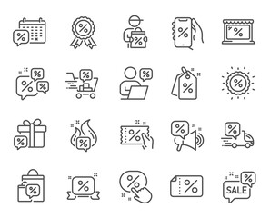 Discounts line icons. Sale coupon, phone with percent sign, discount price tag. Wholesale store market, calendar, hot deal line icons. Coupon ticket, megaphone offer, delivery discount. Vector