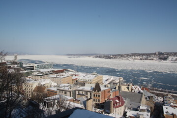 View on Quebec city, panorama of st Lawrence river, from Frontenac Castle in Old Quebec city, Canada.