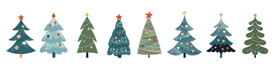 Christmas trees collection, modern flat design. Stickers, elements, Merry Xmas posters, icons. Vector illustration