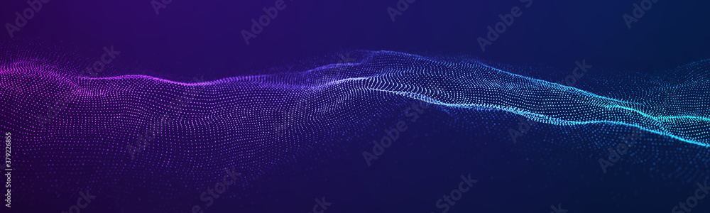 Poster abstract gradient dynamic wave of glowing particles. network of neon dots. big data. digital backgro