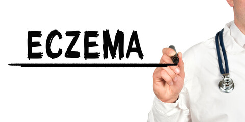 Doctor writes the word - ECZEMA. Image of a hand holding a marker isolated on a white background.