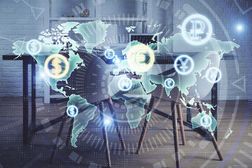 Multi exposure of financial graph drawing and office interior background. Concept of market analysis.