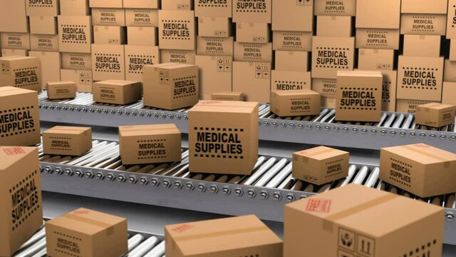 Cardboard boxes with medical supplies and donations transportation on the conveyor belt. Medical equipment, supplies, masks, drugs and different donations there are in the boxes, loop 3d animation.