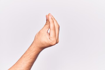 Close up of hand of young caucasian man over isolated background doing italian gesture with fingers together, communication gesture movement