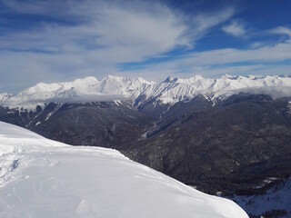 .Winter ski resort view of mountains and slopes