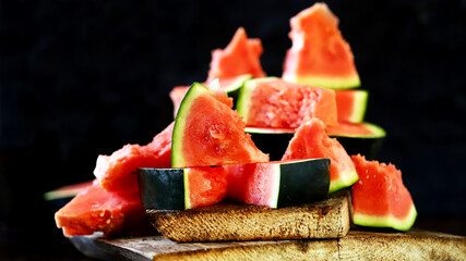 Lots of watermelon wedges on a wooden surface. Selective focus. Macro.