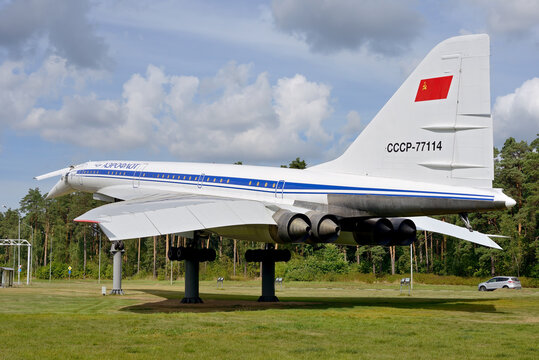 Russia, Moscow Region, Highway To Zhukovsky Airport, August 25, 2020: Monument To The First Soviet Supersonic Passenger Aircraft Tupolev Tu 144. The Plane Performed Commercial Flights  From 1975 To 78